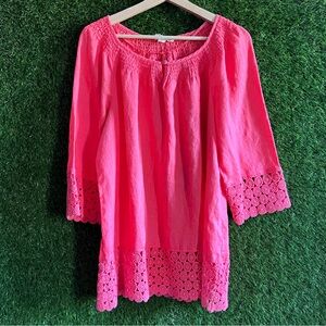 Linen Charter Club Luxury Coral Embroidered Sleeve Hem Neck Smocked Top